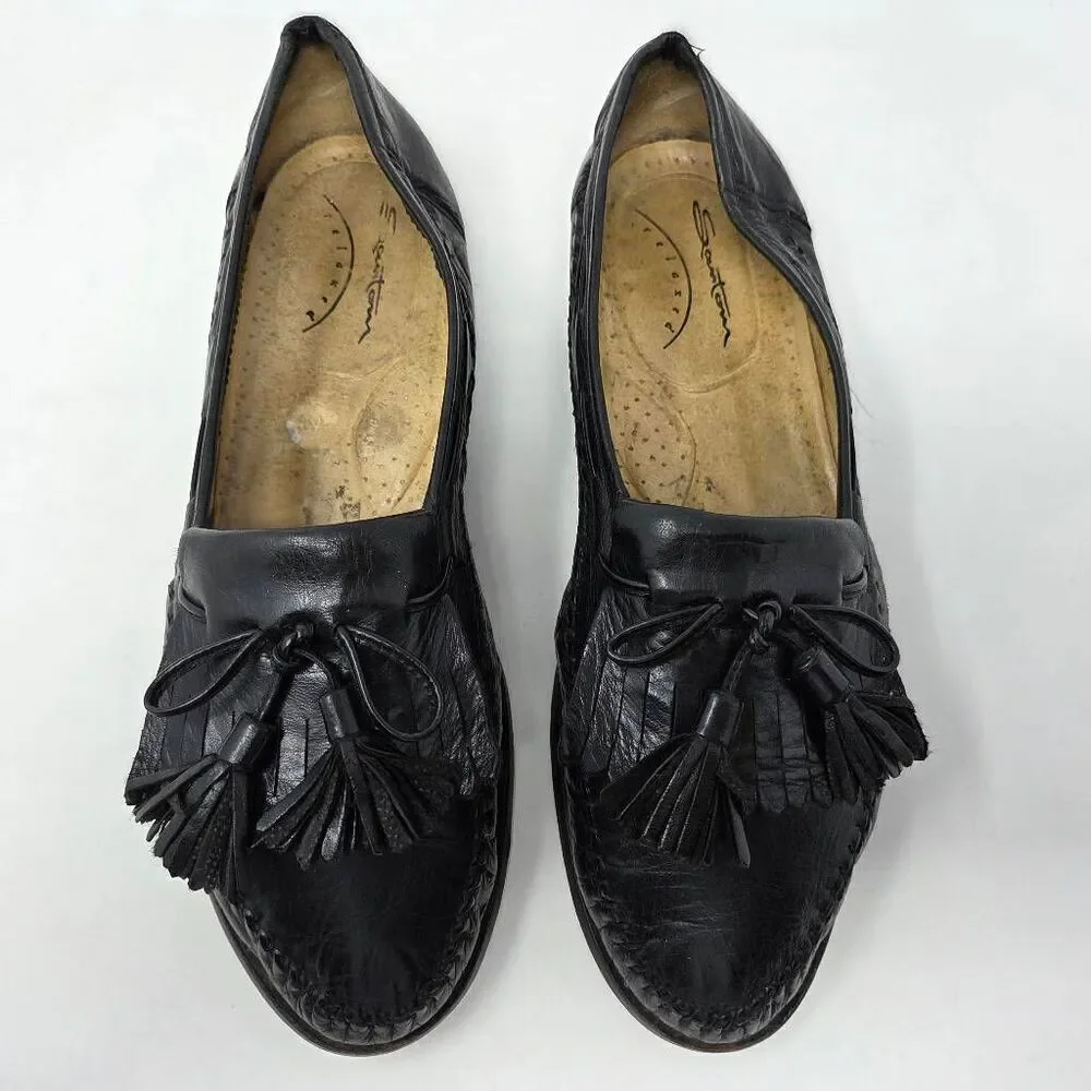 SANTONI RELAXED ITALY BLACK KILTIE TASSEL LOAFERS MOC TOE MENS SIZE 9.5 EE WIDE